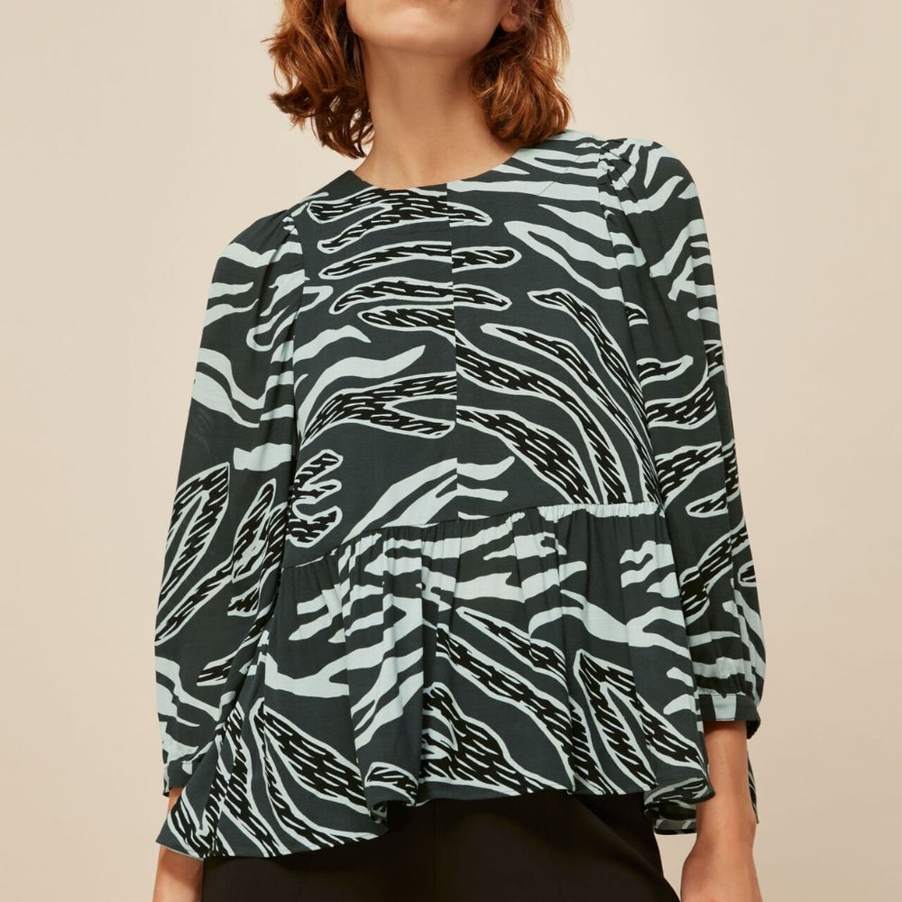 Whistles zebra green blue peplum blouse US 10